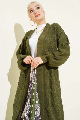 Kiraz Kabartmalı Uzun Triko Hırka Haki - Hırka