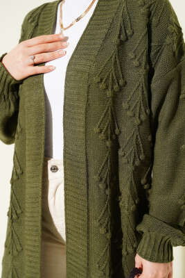 Kiraz Kabartmalı Uzun Triko Hırka Haki - Hırka