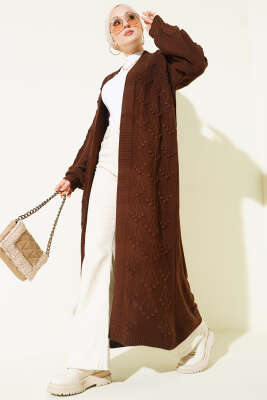 Kiraz Kabartmalı Uzun Triko Hırka Kahve - RAFİMİX