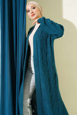 Kiraz Kabartmalı Uzun Triko Hırka Petrol - Hırka