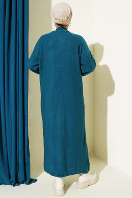 Kiraz Kabartmalı Uzun Triko Hırka Petrol - Hırka