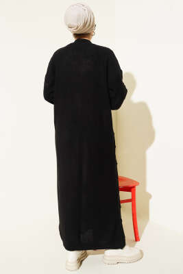 Kiraz Kabartmalı Uzun Triko Hırka Siyah - Hırka