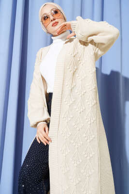 Kiraz Kabartmalı Uzun Triko Hırka Taş - Hırka