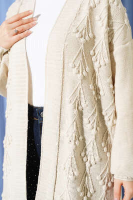 Kiraz Kabartmalı Uzun Triko Hırka Taş - Hırka