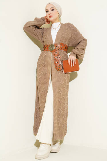 Kiraz Kabartmalı Uzun Triko Hırka Vizon - Hırka