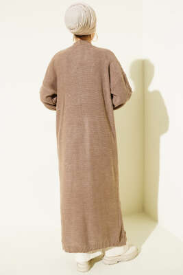 Kiraz Kabartmalı Uzun Triko Hırka Vizon - Hırka