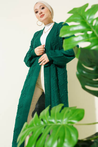 Kiraz Kabartmalı Uzun Triko Hırka Zümrüt - Hırka