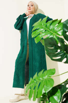 Kiraz Kabartmalı Uzun Triko Hırka Zümrüt - Hırka