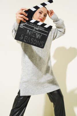 Kiraz Kabartmalı Yumoş Triko Tunik Gri 