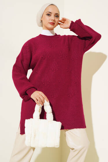 Kiraz Kabartmalı Yumoş Triko Tunik Kırmızı - Tunik
