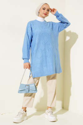 Kiraz Kabartmalı Yumoş Triko Tunik Saks - Triko Tunik