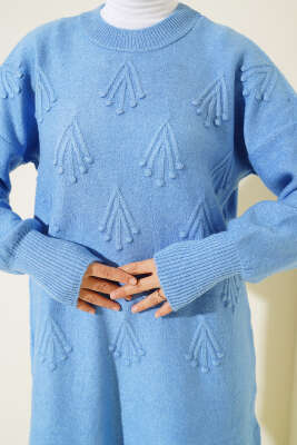 Kiraz Kabartmalı Yumoş Triko Tunik Saks - Triko Tunik