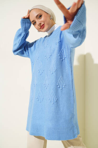 Kiraz Kabartmalı Yumoş Triko Tunik Saks - Tunik