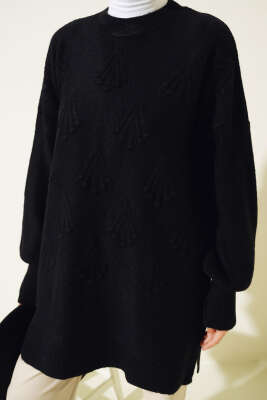 Kiraz Kabartmalı Yumoş Triko Tunik Siyah - Triko Tunik