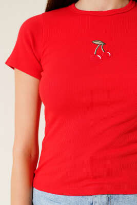 Kiraz Nakışlı Kaşkorse Bluz Kırmızı - Yılın Fırsatı