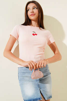 Kiraz Nakışlı Kaşkorse Bluz Somon - Yılın Fırsatı