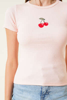 Kiraz Nakışlı Kaşkorse Bluz Somon - Yılın Fırsatı