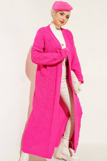 Kiraz Örgülü Triko Hırka Fuşya - Hırka