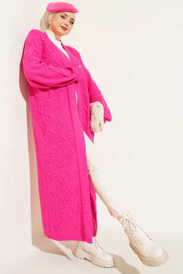 Kiraz Örgülü Triko Hırka Fuşya - Triko Hırka