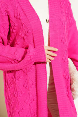 Kiraz Örgülü Triko Hırka Fuşya - Triko Hırka