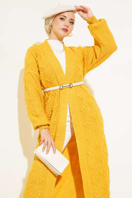 Kiraz Örgülü Triko Hırka Hardal - Triko Hırka