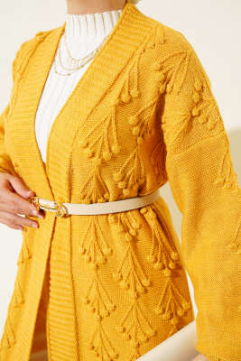 Kiraz Örgülü Triko Hırka Hardal - Triko Hırka