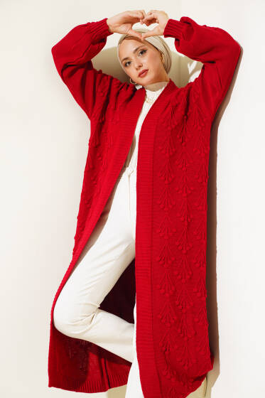 Kiraz Örgülü Triko Hırka Kırmızı - Hırka