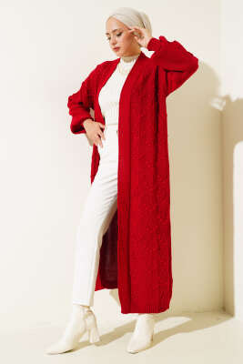 Kiraz Örgülü Triko Hırka Kırmızı - Triko Hırka