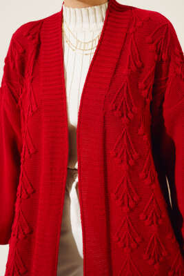 Kiraz Örgülü Triko Hırka Kırmızı - Triko Hırka