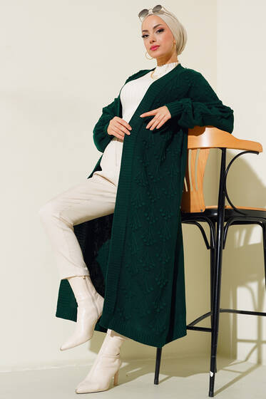 Kiraz Örgülü Triko Hırka Zümrüt Yeşili - Triko Hırka