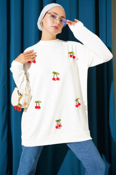Kiraz Salkım Detaylı Tunik Beyaz - Tunik