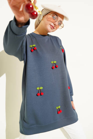 Kiraz Salkım Detaylı Tunik Füme - Tunik