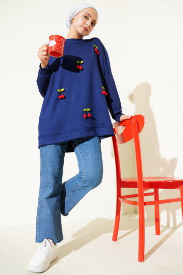 Kiraz Salkım Detaylı Tunik Lacivert - Tunik
