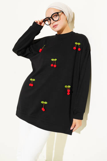 Kiraz Salkım Detaylı Tunik Siyah - Tunik