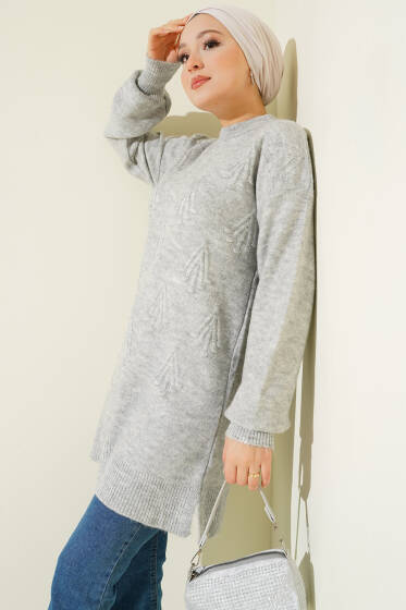 Kiraz Salkımlı Kabartma Yumoş Triko Tunik Gri - Tunik