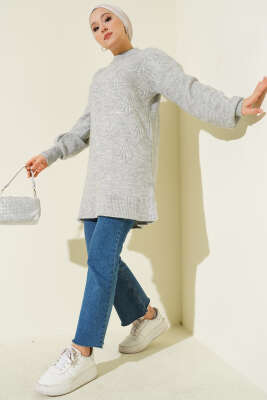 Kiraz Salkımlı Kabartma Yumoş Triko Tunik Gri - Tunik