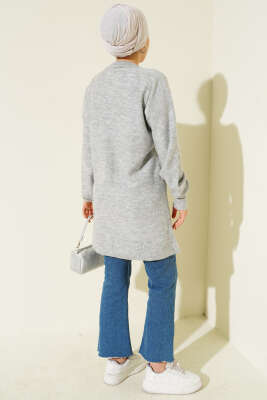 Kiraz Salkımlı Kabartma Yumoş Triko Tunik Gri - Tunik