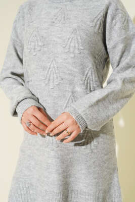 Kiraz Salkımlı Kabartma Yumoş Triko Tunik Gri - Tunik