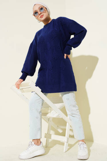 Kiraz Salkımlı Kabartma Yumoş Triko Tunik Lacivert - Tunik