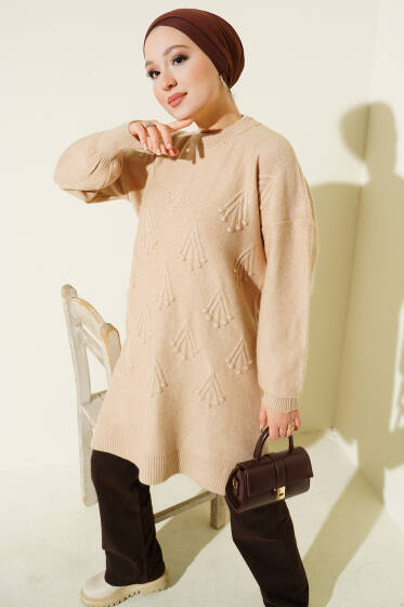 Kiraz Salkımlı Kabartma Yumoş Triko Tunik Latte - Tunik