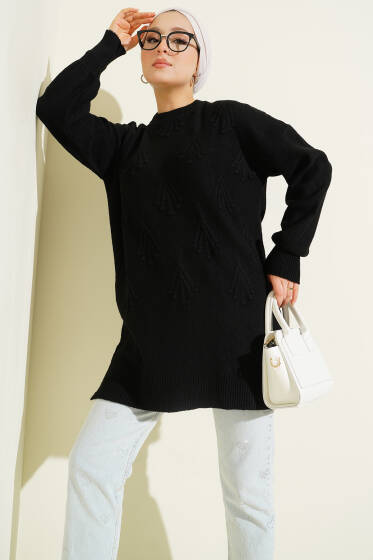 Kiraz Salkımlı Kabartma Yumoş Triko Tunik Siyah - Tunik