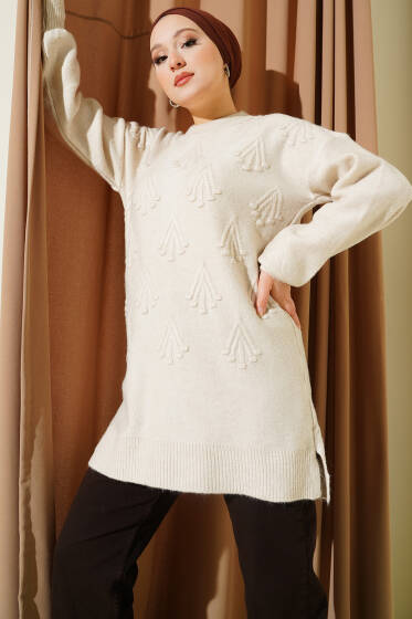 Kiraz Salkımlı Kabartma Yumoş Triko Tunik Taş - Tunik