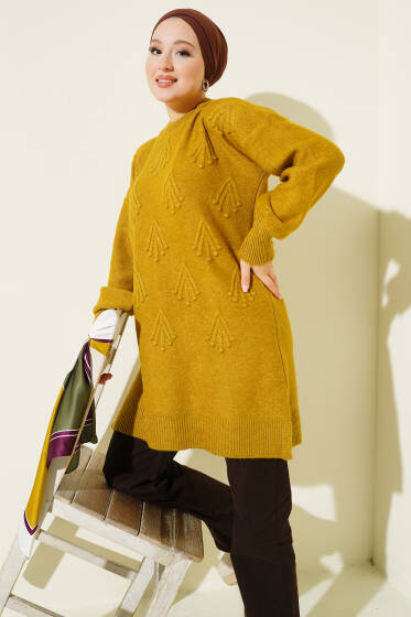 Kiraz Salkımlı Kabartma Yumoş Triko Tunik Yağ Yeşili - Tunik