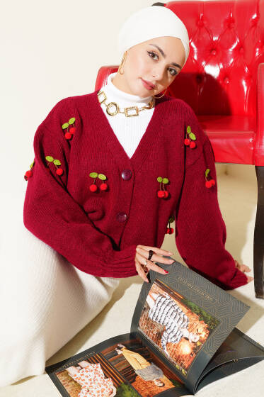 Kiraz Salkımlı Kısa Triko Hırka Bordo - Hırka