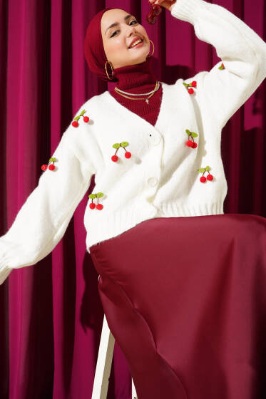 Kiraz Salkımlı Kısa Triko Hırka Ekru - Hırka