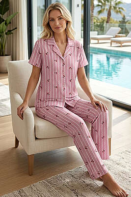 Kirazlı Zigzag Desenli Pijama Takımı Pembe - Pijama