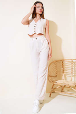 Kırçılı Yelekli Keten Takım Bej 