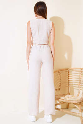 Kırçılı Yelekli Keten Takım Bej - Kadın Giyim Modelleri