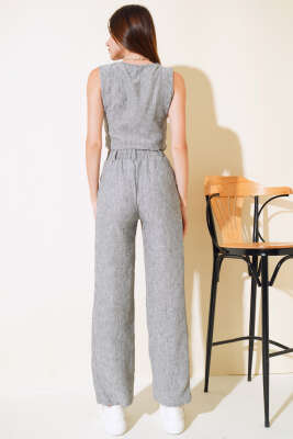 Kırçılı Yelekli Keten Takım Füme - Kadın Giyim Modelleri