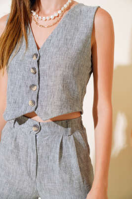 Kırçılı Yelekli Keten Takım Füme - Kadın Giyim Modelleri